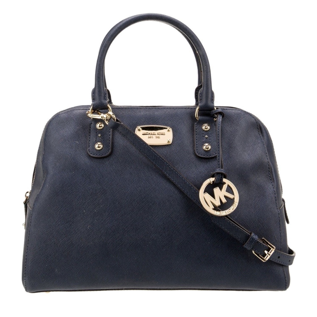 Michael Kors Dark Blue Satchel With Gold Accents. The Saffiano Bag
